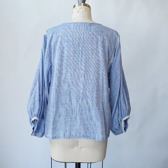 Zara Balloon Sleeves Tunic Top Split Neck Blue S Bohemian Prairiecore Casual - Picture 3 of 9